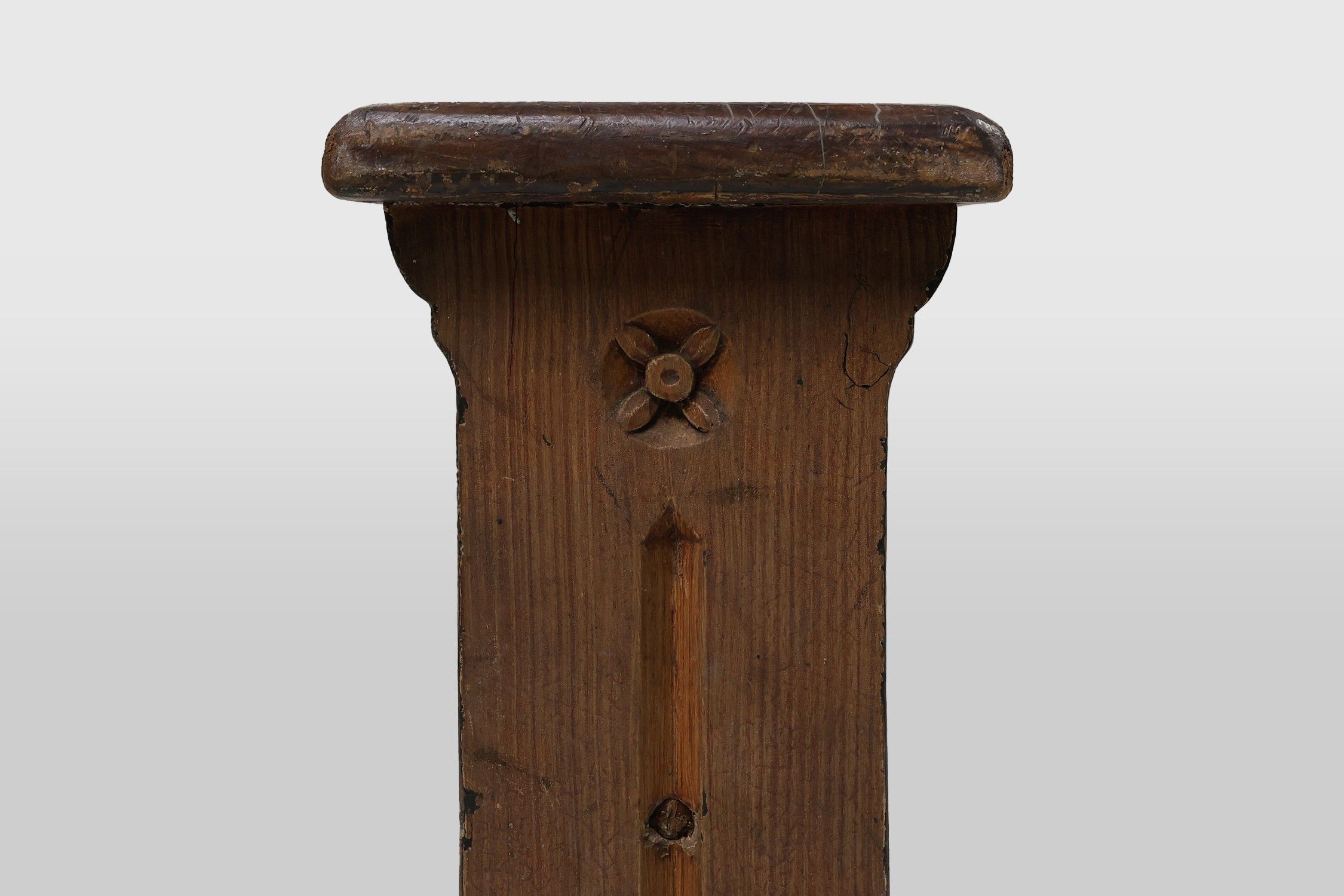 Rustic French bench in oak with carvings and nice patina, ca. 1850thumbnail